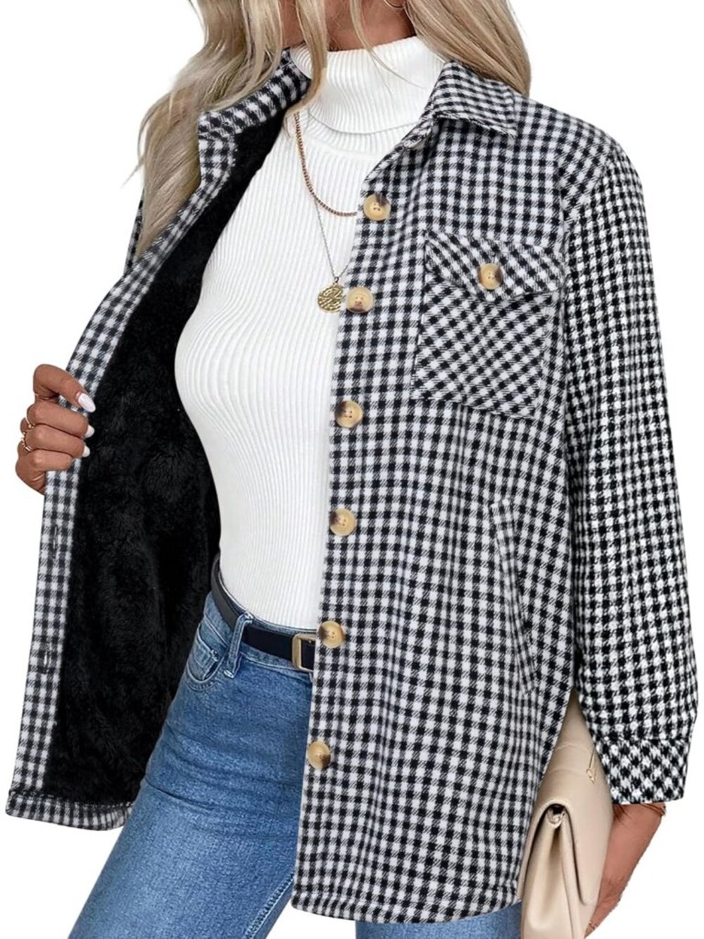 Women's Black White Sherpa Fleece Lined Winter Plaid Flannel Jacket With pocket